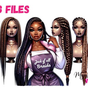 May include: Five digital illustrations of Black women with different styles of braids. The women are wearing various outfits and accessories. The text "Jack of all Braids" is on the front of the woman in the center. The text "Majestic Vibez" is at the bottom of the image.