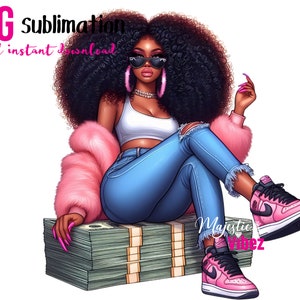 Ragazza nera con soldi PNG Afro Queen Capelli naturali ricci Rosa visone Clip art Moda ragazza Melanina Magia afroamericana Hustler Girl Boss