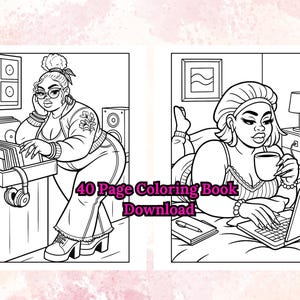 Puede incluir: Dibujo lineal en blanco y negro de una p&aacute;gina de un libro para colorear. Una p&aacute;gina muestra a una persona con gafas y un mo&ntilde;o, escuchando discos. La otra p&aacute;gina muestra a una persona con un pa&ntilde;uelo en la cabeza usando una computadora port&aacute;til y tomando caf&eacute;. El texto dice "40 Page Coloring Book Download."