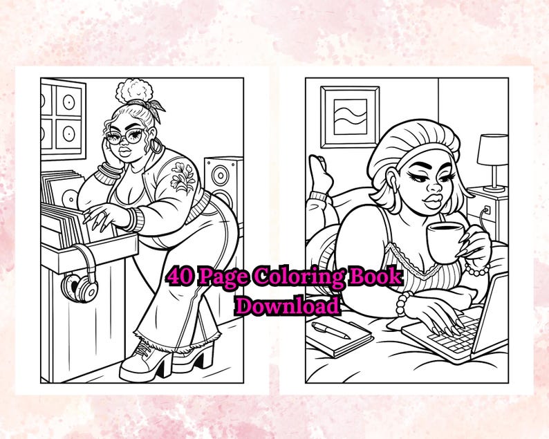 Puede incluir: Dibujo lineal en blanco y negro de una p&aacute;gina de un libro para colorear. Una p&aacute;gina muestra a una persona con gafas y un mo&ntilde;o, escuchando discos. La otra p&aacute;gina muestra a una persona con un pa&ntilde;uelo en la cabeza usando una computadora port&aacute;til y tomando caf&eacute;. El texto dice "40 Page Coloring Book Download."