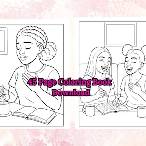 May include: Black and white line art of a coloring book. One panel shows a person with closed eyes, a hand on their chest, and a candle. The other panel shows two people laughing while writing in a book. Text reads "45 Page Coloring Book Download."