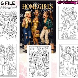 May include: A digital download featuring black and white illustrations of women. The images include groups of women in various settings, such as a cafe, and a karaoke bar. The text "PNG FILE Instant Download" and "HOMEGIRLS" are visible.