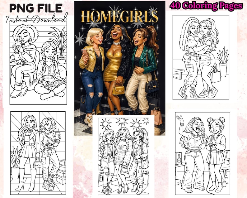 May include: A digital download featuring black and white illustrations of women. The images include groups of women in various settings, such as a cafe, and a karaoke bar. The text "PNG FILE Instant Download" and "HOMEGIRLS" are visible.
