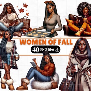 40 Black Fall Girls Clipart Bundle Cozy Black Girl Png Fall Season Pumpkins Autumn Women Clipart Afro American Planner Stickers Sublimation