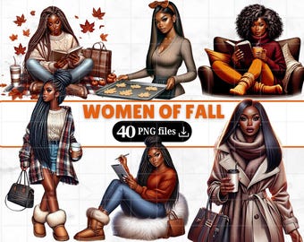 May include: Digital art featuring six illustrations of women in fall settings. The women are depicted in various activities, including reading, baking, and enjoying coffee. The text "WOMEN OF FALL" and "40 PNG files" are also present.