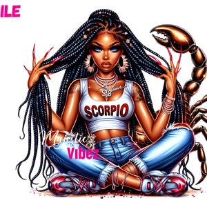 Zodiaque Scorpion fille clipart symbole Scorpion PNG Art astrologie Scorpion hip hop urbain PNG fille mode Clipart fille Scorpion magie mélanine