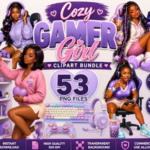 Black Girl Gamer PNG Bundle, Cozy Gamer Girl Clipart, Gaming Setup PNG, Streamer Clipart, Black Woman Gaming PNG