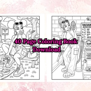 May include: A black and white coloring book spread with two illustrations. The first shows a person sitting on a bench, and the second shows a person using a vacuum. Text includes "40 Page Coloring Book Download" and "Good Vibes Only."