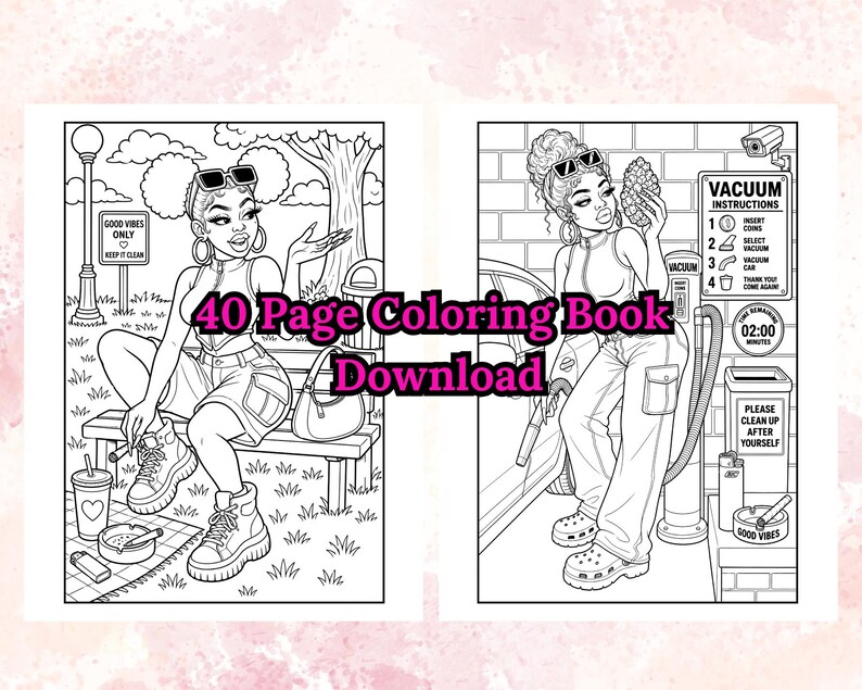 May include: A black and white coloring book spread with two illustrations. The first shows a person sitting on a bench, and the second shows a person using a vacuum. Text includes "40 Page Coloring Book Download" and "Good Vibes Only."