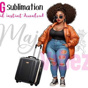 Bochtige reismeisje Clipart meisje met natuurlijk haar Clip art PNG Zwart meisje Spaans meisje Instant download voor planners tuimelaars mokken