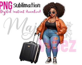 Curvy travel girl Clipart girl with natural hair Clip art PNG Black girl spanish girl Instant download for planners tumblers mugs