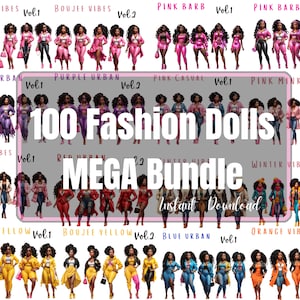 Chica negra Moda muñeca paquete clip art 100 muñecas Melanin reina Afro Magic Mujeres afroamericanas PNG Descarga digital