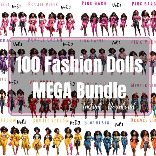 Black girl Fashion doll bundle clip art 100 dolls Melanin queen Afro Magic African american women PNG Digital download