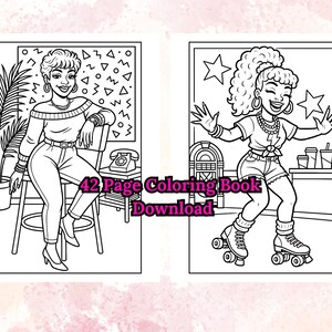 Puede incluir: Ilustraci&oacute;n en blanco y negro de un libro para colorear de 42 p&aacute;ginas. Una p&aacute;gina muestra a una mujer sentada, la otra a una mujer patinando. El texto "42 Page Coloring Book Download" es visible.