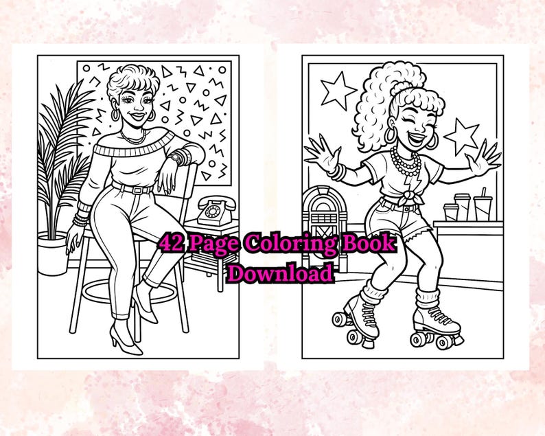 Puede incluir: Ilustraci&oacute;n en blanco y negro de un libro para colorear de 42 p&aacute;ginas. Una p&aacute;gina muestra a una mujer sentada, la otra a una mujer patinando. El texto "42 Page Coloring Book Download" es visible.