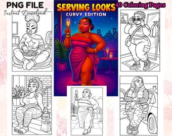 Paquete de 41 páginas para colorear de chicas con curvas, PNG, de talla grande, para mujeres negras, arte lineal, moda, belleza, libro digital para adultos y adolescentes.