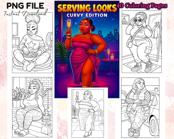 41 Curvy Girl Coloring Pages PNG Bundle Black Plus Size Woman Line Art Fashion Beauty Digital Book for Adults and Teens