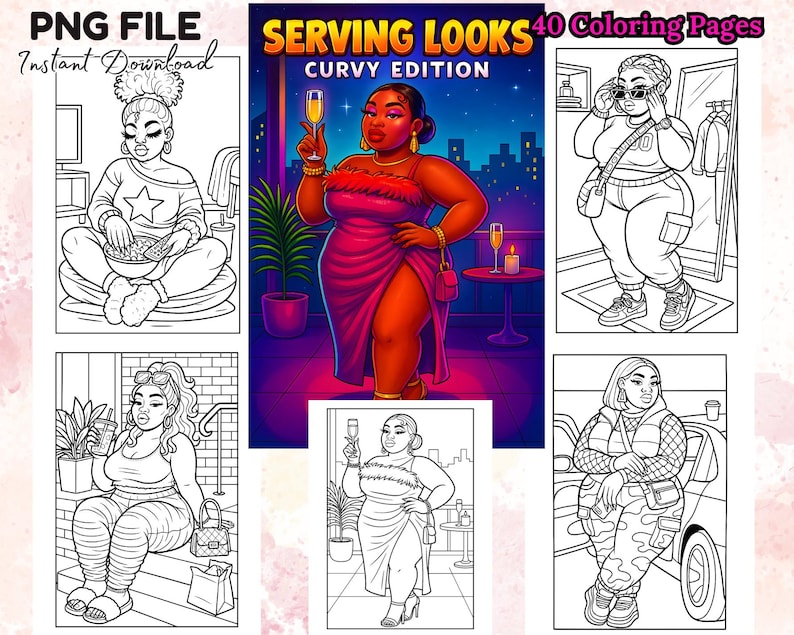 41 Curvy Girl Coloring Pages PNG Bundle Black Plus Size Woman Line Art Fashion Beauty Digital Book for Adults and Teens