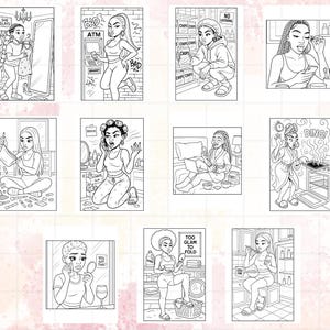 K&ouml;nnte beinhalten: Eine Sammlung von Schwarz-Wei&szlig;-Illustrationen, die verschiedene Szenen aus dem Alltag einer Frau darstellen. Die Bilder zeigen sie in verschiedenen Umgebungen, wie z. B. beim Fertigmachen, bei der Benutzung eines Laptops und beim Kochen. Die Illustrationen sind im Cartoon-Stil gehalten.