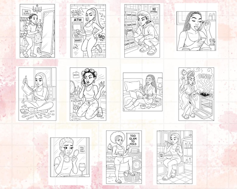 K&ouml;nnte beinhalten: Eine Sammlung von Schwarz-Wei&szlig;-Illustrationen, die verschiedene Szenen aus dem Alltag einer Frau darstellen. Die Bilder zeigen sie in verschiedenen Umgebungen, wie z. B. beim Fertigmachen, bei der Benutzung eines Laptops und beim Kochen. Die Illustrationen sind im Cartoon-Stil gehalten.