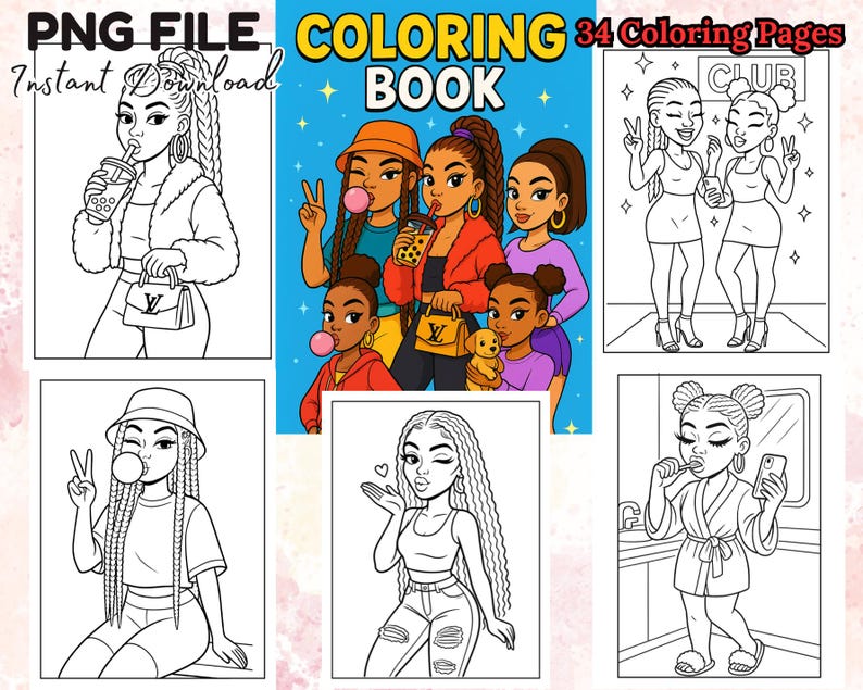 May include: A digital coloring book cover with the title "COLORING BOOK" and the text "34 Coloring Pages". The cover features a group of illustrated women. Additional illustrations of women are also included.