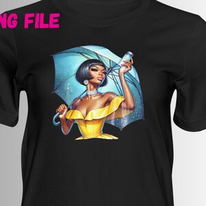 May include: A black t-shirt featuring a graphic of a woman holding a blue umbrella with glitter. She is wearing a yellow dress and has dark hair.