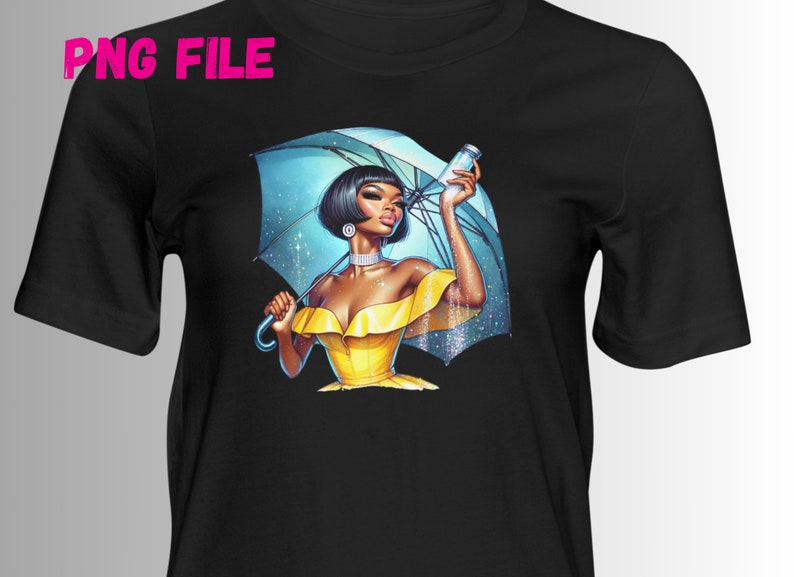 May include: A black t-shirt featuring a graphic of a woman holding a blue umbrella with glitter. She is wearing a yellow dress and has dark hair.