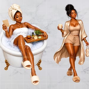 K&ouml;nnte beinhalten: Digitale Illustration von zwei Frauen. Eine sitzt in einer wei&szlig;en Badewanne mit Blasen, h&auml;lt eine Karte und ein Tablett mit Tee, Kerzen und Pflanzen. Die andere tr&auml;gt einen beigen Bademantel, Shorts und h&auml;lt eine Kerze und eine Augenmaske. Beide tragen Hausschuhe.