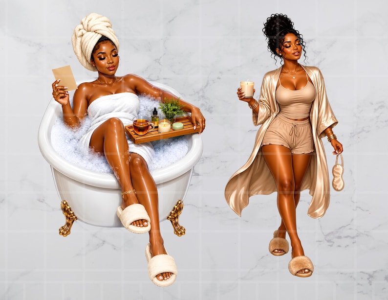 K&ouml;nnte beinhalten: Digitale Illustration von zwei Frauen. Eine sitzt in einer wei&szlig;en Badewanne mit Blasen, h&auml;lt eine Karte und ein Tablett mit Tee, Kerzen und Pflanzen. Die andere tr&auml;gt einen beigen Bademantel, Shorts und h&auml;lt eine Kerze und eine Augenmaske. Beide tragen Hausschuhe.