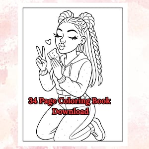 May include: Black and white line art illustration of a person holding a snack and making a peace sign. The person has braided hair and is wearing a hoodie. The text "34 Page Coloring Book Download" is at the bottom.
