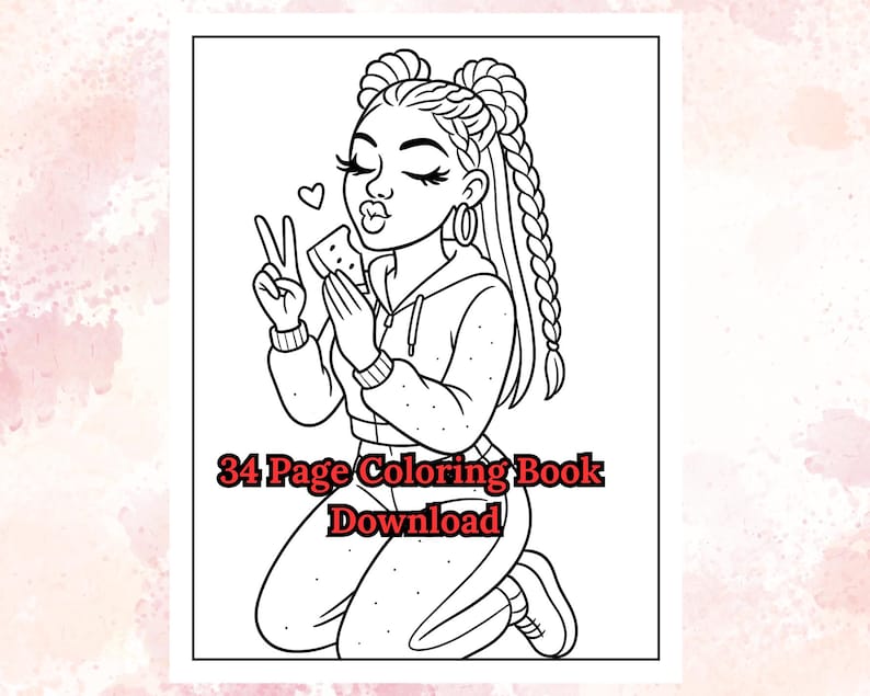 May include: Black and white line art illustration of a person holding a snack and making a peace sign. The person has braided hair and is wearing a hoodie. The text "34 Page Coloring Book Download" is at the bottom.