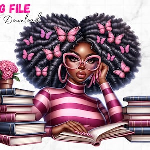 Menina negra lendo png lindas mulheres negras amantes de livros clipart borboleta afro melanina rainha menina negra mágica sublimação download digital