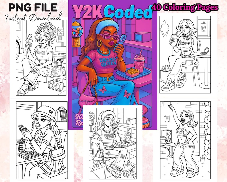 May include: A digital download featuring a collection of Y2K-themed coloring pages. The cover art showcases a vibrant illustration of a woman in a pink top and blue pants, holding a phone. The text "Y2K Coded" is displayed at the top, with "40 Coloring Pages" above the image.