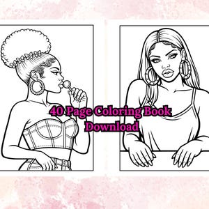 Peut inclure: Dessin au trait en noir et blanc de deux femmes. L'une porte un corset et tient une sucette, l'autre porte un d&eacute;bardeur. Le texte "40 Page Coloring Book Download" est au centre.
