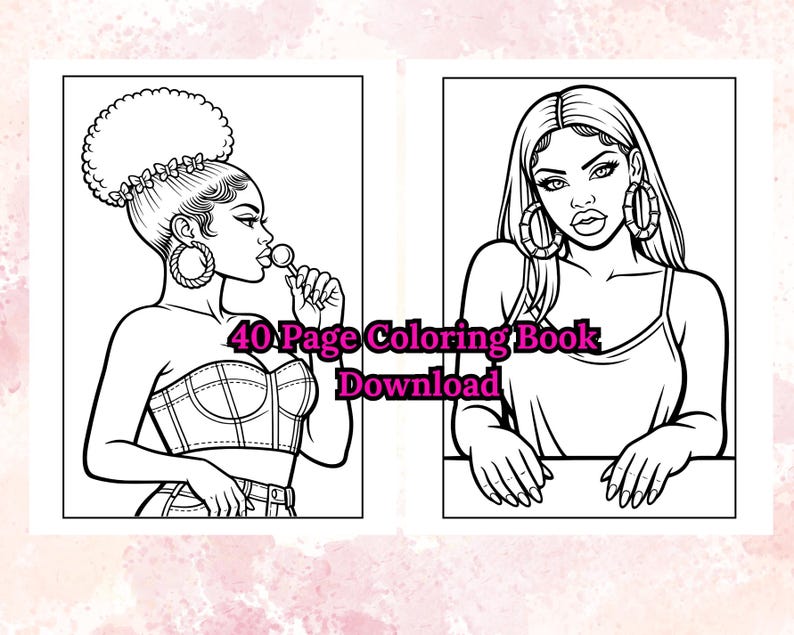 Peut inclure: Dessin au trait en noir et blanc de deux femmes. L'une porte un corset et tient une sucette, l'autre porte un d&eacute;bardeur. Le texte "40 Page Coloring Book Download" est au centre.