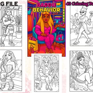 May include: A digital download featuring six illustrations of women in various poses. The images include the text "PNG FILE Instant Download" and "40 Coloring Pages". The illustrations are in black and white and feature women in fashionable outfits.