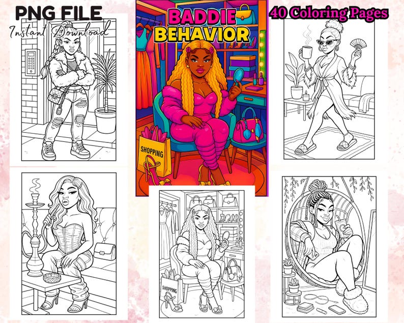 May include: A digital download featuring six illustrations of women in various poses. The images include the text "PNG FILE Instant Download" and "40 Coloring Pages". The illustrations are in black and white and feature women in fashionable outfits.