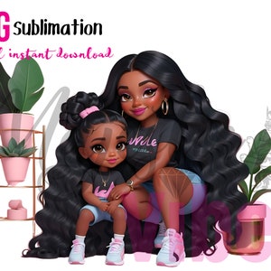 Black Chibi mamá e hija clip art PNG Black girl clip art Muñecas de moda Melanin queen Afro Magic Mujeres afroamericanas PNG