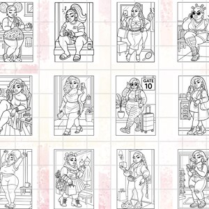 Puede incluir: Una colecci&oacute;n de ilustraciones en blanco y negro de mujeres de talla grande en varios entornos. Cada ilustraci&oacute;n representa a una mujer en una pose diferente, participando en actividades como beber, usar un tel&eacute;fono o viajar. Los dibujos son detallados y expresivos.