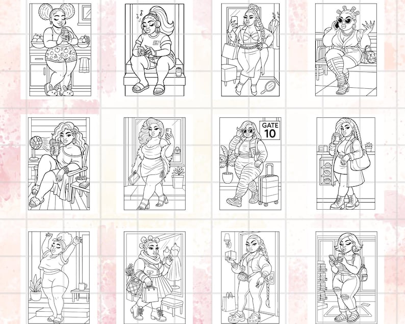 Puede incluir: Una colecci&oacute;n de ilustraciones en blanco y negro de mujeres de talla grande en varios entornos. Cada ilustraci&oacute;n representa a una mujer en una pose diferente, participando en actividades como beber, usar un tel&eacute;fono o viajar. Los dibujos son detallados y expresivos.
