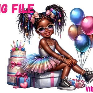 Black Birthday Girl Clipart Pequeña niña negra PNG Cumpleaños Princesa PNG Afro Niña Clipart Moda png Sublimación afroamericana
