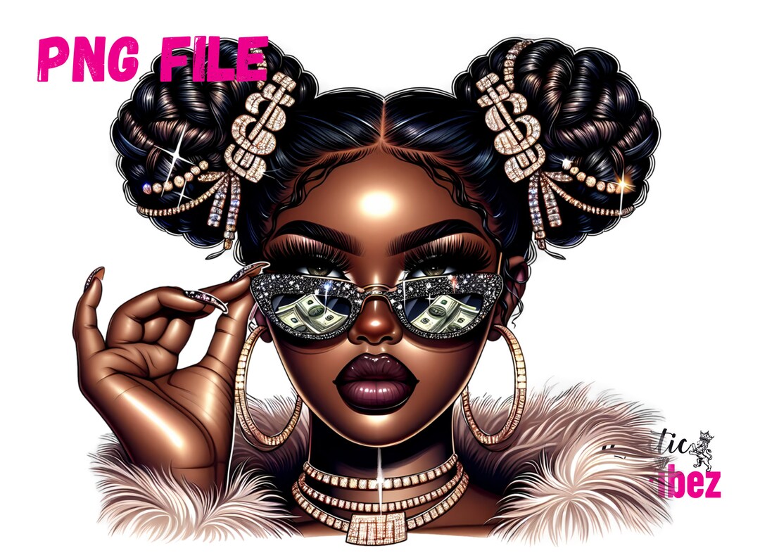 Beautiful Black Money Girl PNG 2 Buns Afro Girl Sunglasses