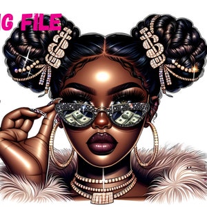 Bella ragazza nera soldi PNG 2 panini ragazza afro occhiali da sole ClipArt ragazza nera afro PNG regina afro moda ragazza melanina sublimazione magica
