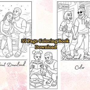 Puede incluir: P&aacute;ginas de libro para colorear en blanco y negro con parejas en varias situaciones. Se muestra el texto "35 Page Coloring Book Download". Otros textos incluyen "Instant Download" y "Download, Print & Color."