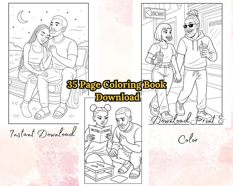 Puede incluir: P&aacute;ginas de libro para colorear en blanco y negro con parejas en varias situaciones. Se muestra el texto "35 Page Coloring Book Download". Otros textos incluyen "Instant Download" y "Download, Print & Color."