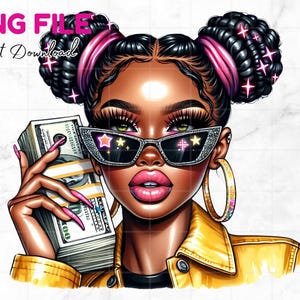 Ragazza con soldi PNG hustler clipart Occhiali da sole Soldi clipart Donne afroamericane Ragazza afro Melanina magica Ragazza urbana PNG