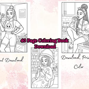 K&ouml;nnte beinhalten: Schwarz-Wei&szlig;-Illustrationen von Frauen in verschiedenen Umgebungen. Eine Frau ist in einer K&uuml;che, eine andere isst und eine dritte ist in einem Friseursalon. Der Text "40 Page Coloring Book Download" wird angezeigt.