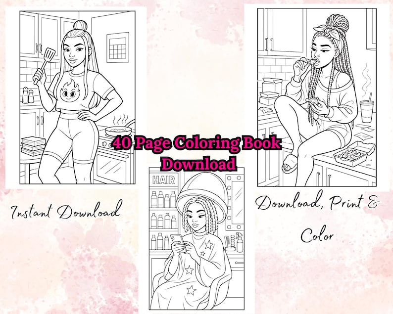 K&ouml;nnte beinhalten: Schwarz-Wei&szlig;-Illustrationen von Frauen in verschiedenen Umgebungen. Eine Frau ist in einer K&uuml;che, eine andere isst und eine dritte ist in einem Friseursalon. Der Text "40 Page Coloring Book Download" wird angezeigt.