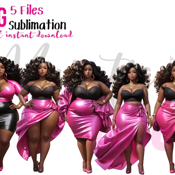 Curvy black girl clip art Plus size woman wearing pink and black Fashion doll Clip art African american melanin Queen Afro Instant download