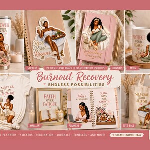 K&ouml;nnte beinhalten: Eine Auswahl an Produkten zum Thema Selbstf&uuml;rsorge, darunter ein Becher, Aufkleber, Journale, Tassen, T-Shirts, Wandkunst, Planer und Tragetaschen. Die Produkte zeigen Illustrationen von schwarzen Frauen in entspannenden Umgebungen mit Texten wie "Recover at your own pace".